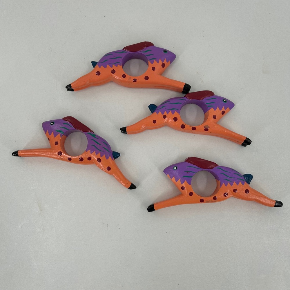 Vintage Wooden Napkin Rings Set of 4 Leaping Animal Colorful Hand Painted